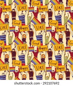 Seamless pattern big team homosexual lgbt people with rainbow flags
Big happy pride in meeting. Color vector illustration.