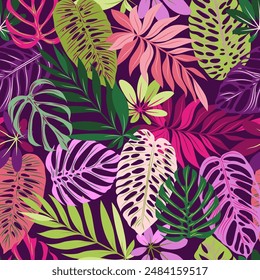 A seamless pattern with big tropical leaves on a dark background is suitable for womenswear, swimwear, and activewear. Hand drawn vector illustration