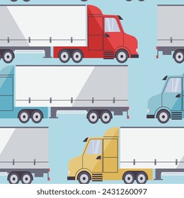 Seamless pattern with big trucks with body, cargo delivery. Hand drawn vector illustration in flat design