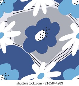 Seamless pattern with big white and blue flowers. Abstract floral background. Vector illustration
