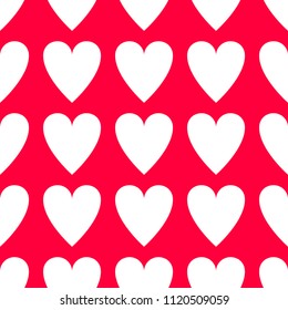 Seamless pattern of big white hearts on red background.