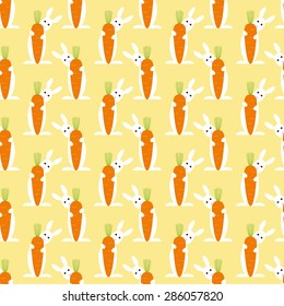 Seamless pattern with big white rabbit holding big orange carrot with green cropped top isolated on yellow background. Flat style illustration