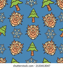 seamless pattern bigfoot yetti spruce and snowflakes