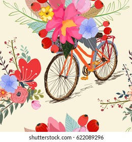 Seamless pattern with bike and flowers spring time