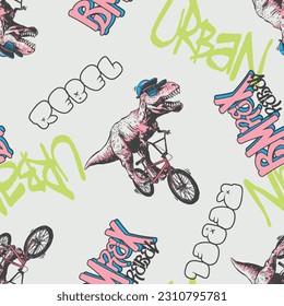 Seamless pattern of a bike riding cartoon dinosaur and graffiti typography elements.