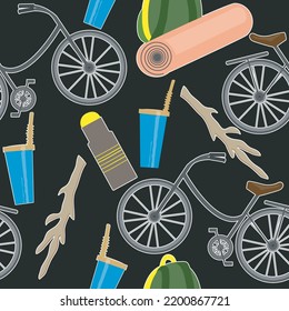 Seamless pattern with bike, water bottle, checkered mat, backpack and other elements on dark background. Vector graphics