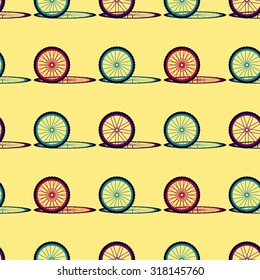 Seamless pattern with bike wheels. Bicycle wheels with colored tire, rims and spokes. Vector illustration. 