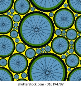 Seamless pattern with bike wheels. Bicycle wheels with tires, rims and spokes. Vector illustration. 