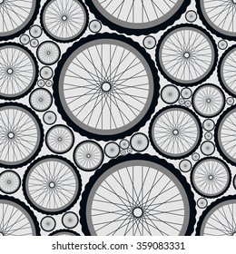 Seamless pattern with bike wheels. Bicycle wheels with tires, rims and spokes. Gray vector illustration. 