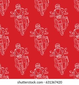 Seamless pattern with a biker riding a motorcycle. Motorbike theme background. Stock vector.