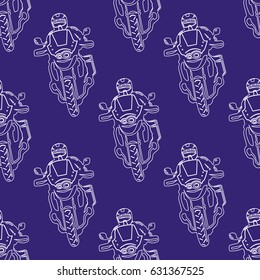 Seamless pattern with a biker riding a motorcycle. Motorbike theme background. Stock vector.