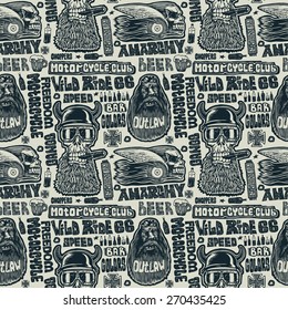 Seamless pattern with bikers,  skulls and and handwriting fonts. vector illustration.