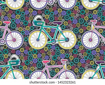 Seamless pattern with bikes and gears black