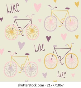 Seamless pattern with bikes and hearts. Cute bicycles background