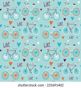 Seamless pattern with bikes and hearts. Cute bicycles background in blue and orange colors