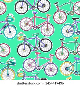 Seamless pattern with bikes on green background. Good for textile fabric design, wrapping paper and website wallpapers. Vector illustrations