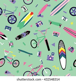 Seamless pattern with bikes, skateboards and surfboards in bright retro style 1