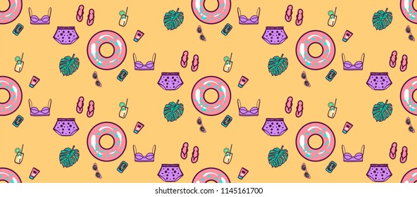 seamless pattern with a bikini, life ring, sunglasses. Beach set