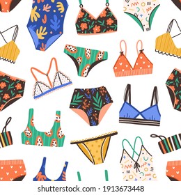 Seamless pattern with bikini and swimsuit. Bright colorful summer backdrop with female bras and panties isolated on white background. Repeatable texture with colored swimwear. Flat vector illustration