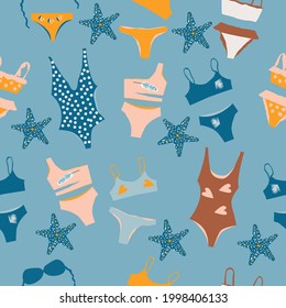 Seamless pattern with bikini and swimsuit. Colorful summer backdrop with female bras and panties isolated on white background. Repeatable texture with swimwear and lingerie. Flat vector illustration.