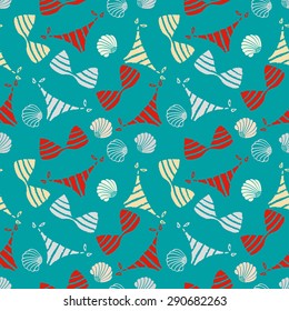 Seamless pattern with bikini, swimsuits, sea shells. Repeating summer beach print, background texture. Cloth design. Wallpaper, wrapping 