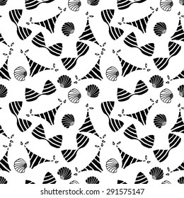 Seamless pattern with bikini, swimsuits, sea shells. Repeating summer beach print, background texture. Cloth design. Wallpaper, wrapping 