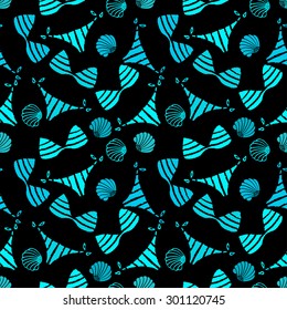 Seamless pattern with bikini, swimsuits, sea shells. Repeating summer beach print, background texture. Cloth design. Wallpaper, wrapping 