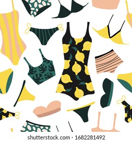 Seamless pattern with bikini and swimwear. tropical print. Bright flat vector illustration. can be used for print, textile, background