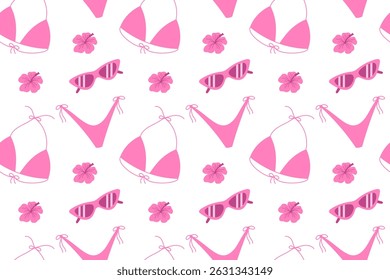 Padrão perfeito com biquínis, óculos escuros e flores de hibisco em um estilo tropical rosa elegante. Perfeito para desenhos de verão, tecidos e impressões de roupas de praia.

