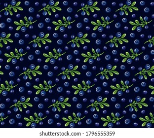 seamless pattern of bilberries: 
branches and berries on dark blue