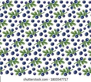 seamless pattern of bilberries: branches and berries on white