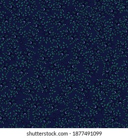 seamless pattern of bilberries: branches and berries on dark blue