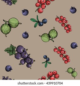 Seamless pattern with bilberry, currant and gooseberry