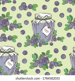 Seamless pattern with bilberry and jar of jam with bilberry. Vector hand drawn illustration