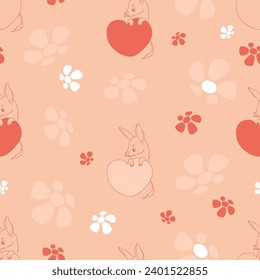 Seamless pattern with bilby animal with heart on peach background with flowers in hand drawn doodle style. Vector illustration for design, wallpaper, packaging, textile