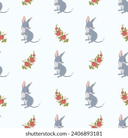 Seamless pattern bilby. Cute Australian animal on white background with flowers. Vector illustration for design, wallpaper, packaging, textile