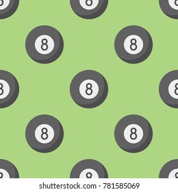 Seamless pattern with billiard eight ball on green background. Vector texture.