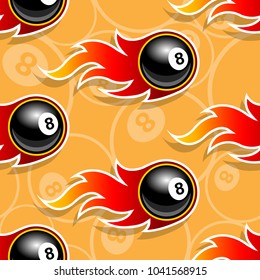 Seamless pattern with billiards pool 8 ball icons and flames. Vector illustration. Ideal for wallpaper, wrapper, packaging, fabric design and any kind of decoration.