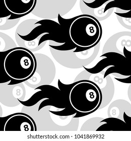 Seamless pattern with billiards pool 8 ball icons and flames. Vector illustration. Ideal for wallpaper, wrapper, packaging, fabric design and any kind of decoration.