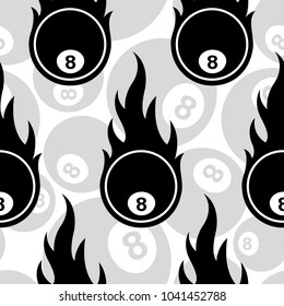 Seamless pattern with billiards pool snooker 8 ball icons and flames. Vector illustration. Ideal for wallpaper, wrapper, packaging, fabric design and any kind of decoration.
