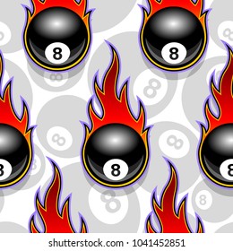 Seamless pattern with billiards pool snooker 8 ball icons and flames. Vector illustration. Ideal for wallpaper, wrapper, packaging, fabric design and any kind of decoration.