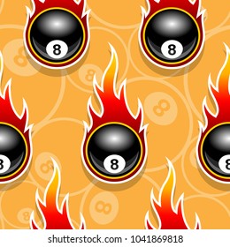 Seamless pattern with billiards pool snooker 8 ball icons and flames. Vector illustration. Ideal for wallpaper, wrapper, packaging, fabric design and any kind of decoration.
