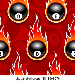 Seamless pattern with billiards pool snooker 8 ball icons and flames. Vector illustration. Ideal for wallpaper, wrapper, packaging, fabric design and any kind of decoration.