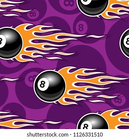 Seamless pattern with billiards pool snooker 8 ball symbols and hot rod flame. Vector illustration. Ideal for wallpaper packaging fabric textile wrapping paper design.