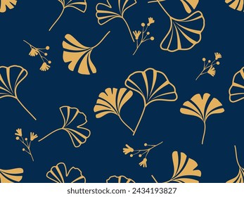 Seamless pattern with biloba gingko leaves on dark blue background vector.