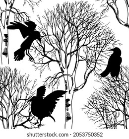 Seamless pattern of birch bare branches with crows black and white vector