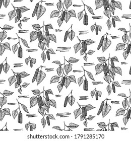 Seamless pattern with birch gingerbread and leaves on a white background. Sketch Hand drawn style black birch tree branches, birch leaves. 