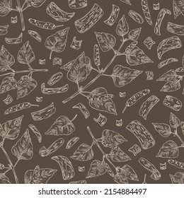 Seamless pattern with birch: birch leaves, birch branch, betulaceae tree and betulaceae bark. Cosmetics and medical plant. Vector hand drawn illustration.