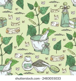 Seamless pattern with birch: birch leaves, birch branch, betulaceae tree and betulaceae bark. Oil, soap and bath salt . Cosmetics and medical plant. Vector hand drawn illustration