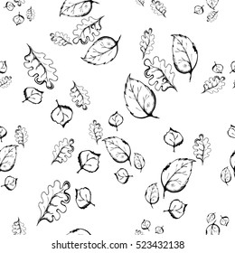 Seamless pattern with birch leaves and oak. A linear pattern.